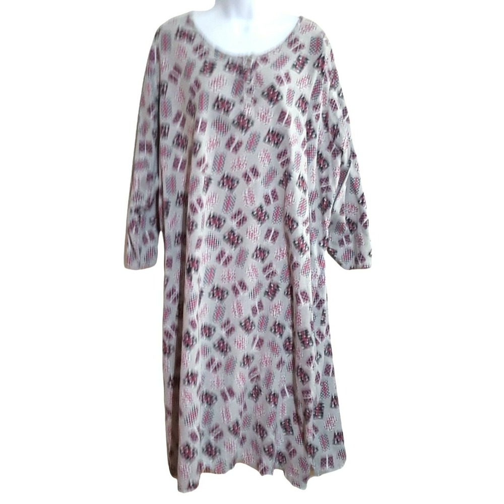 Dreams & Co Nightgown Womens 1X Henley Gray Holiday Gift Print Long Sleeve Knit